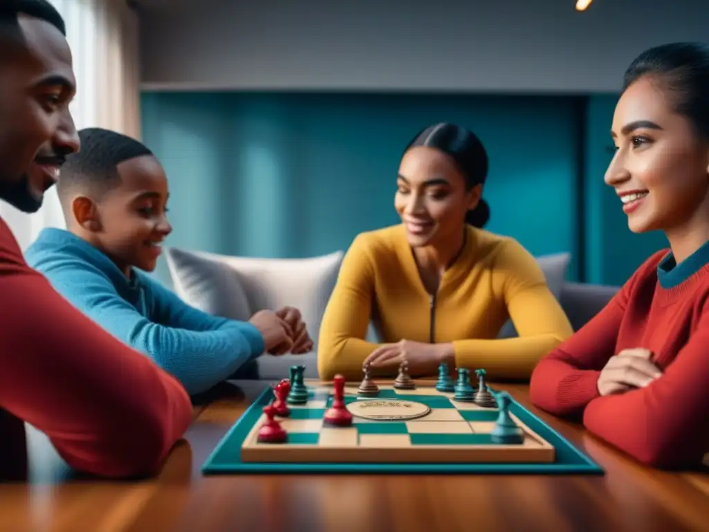 Grupo diverso de niños concentrados y emocionados jugando un juego de mesa en una acogedora sala llena de juegos coloridos