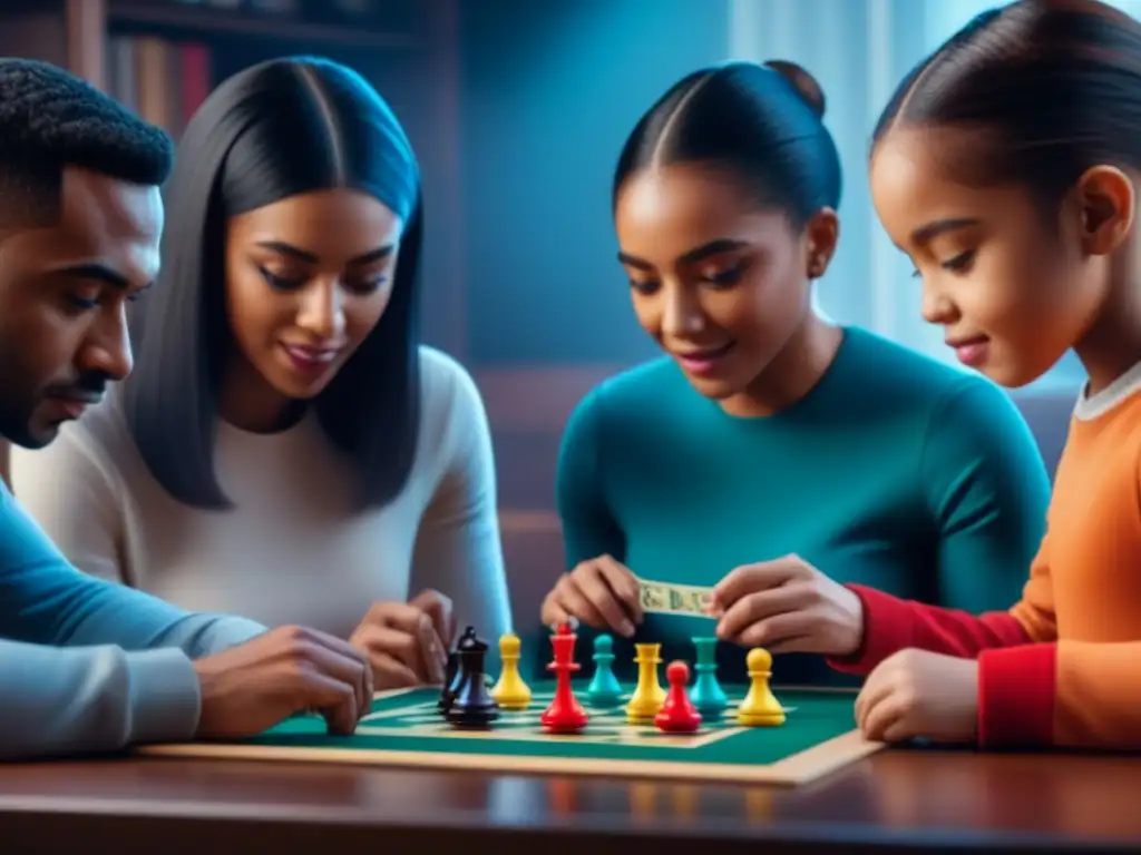 Un grupo diverso de niños juega emocionado diversos juegos de mesa en un ambiente acogedor rodeado de juegos