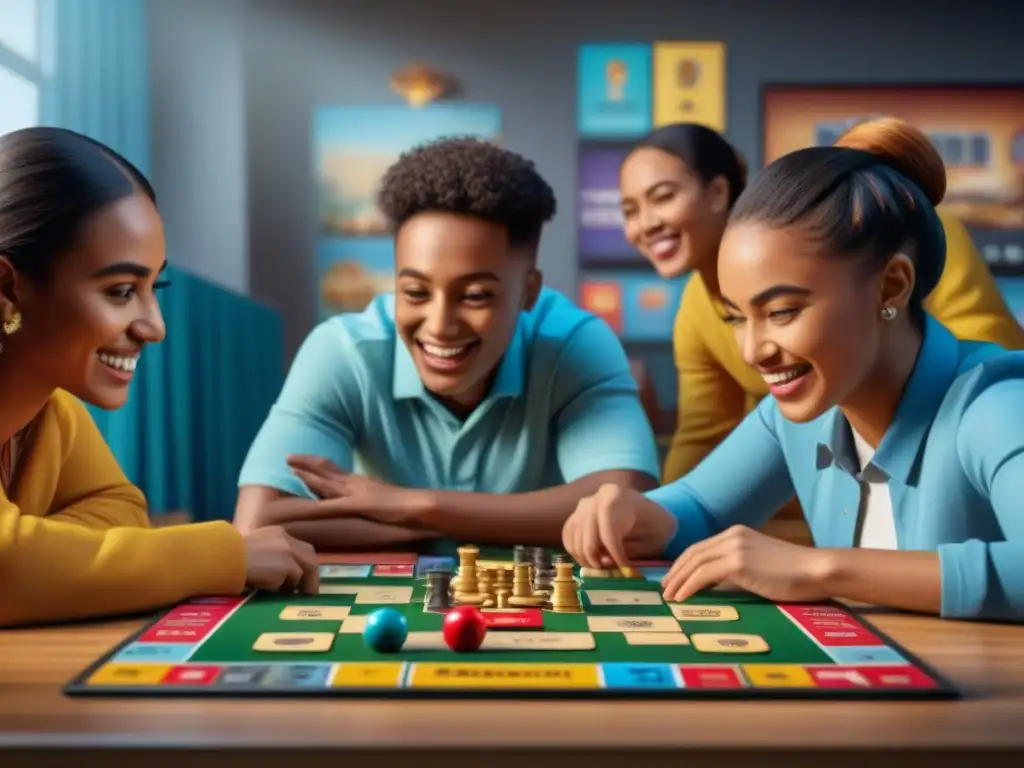 Un grupo diverso de niños juega un emocionante juego de mesa educativo en un aula iluminada, promoviendo el aprendizaje activo y divertido