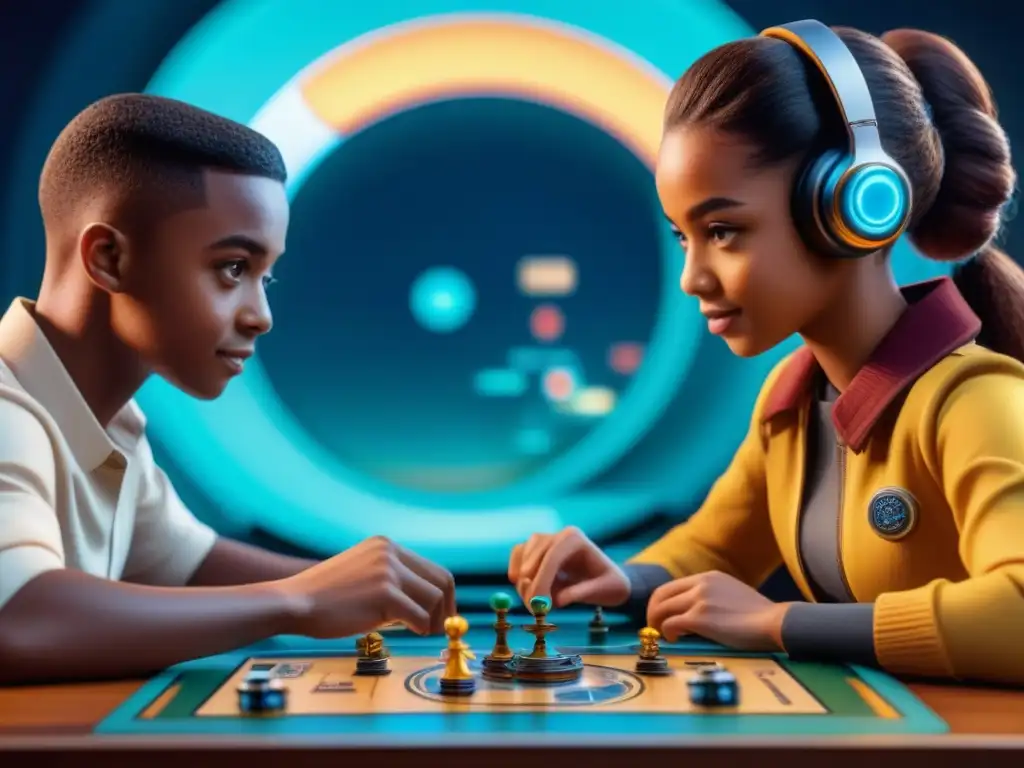 Un grupo diverso de niños juega un emocionante juego de mesa futurista con Inteligencia Artificial, fomentando la colaboración y el aprendizaje