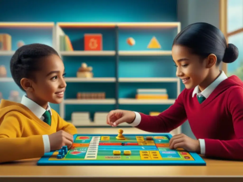 Un grupo diverso de niños juega entusiasmado un juego educativo colorido en un aula bien iluminada