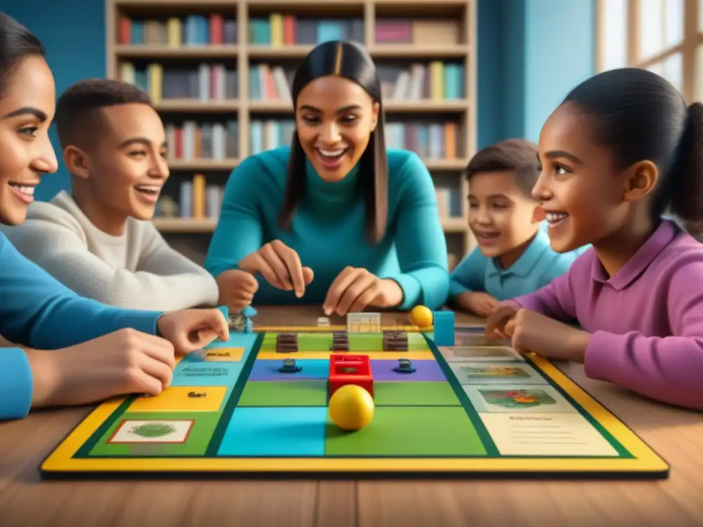 Grupo diverso de niños interactuando con entusiasmo en juegos de mesa educativos en aula colorida y estimulante