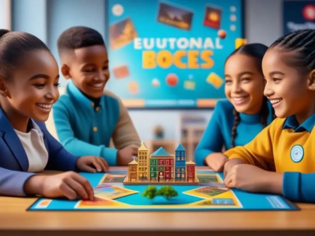 Grupo diverso de niños jugando felices juegos de mesa educativos en un aula inclusiva con carteles sobre diversidad y aceptación