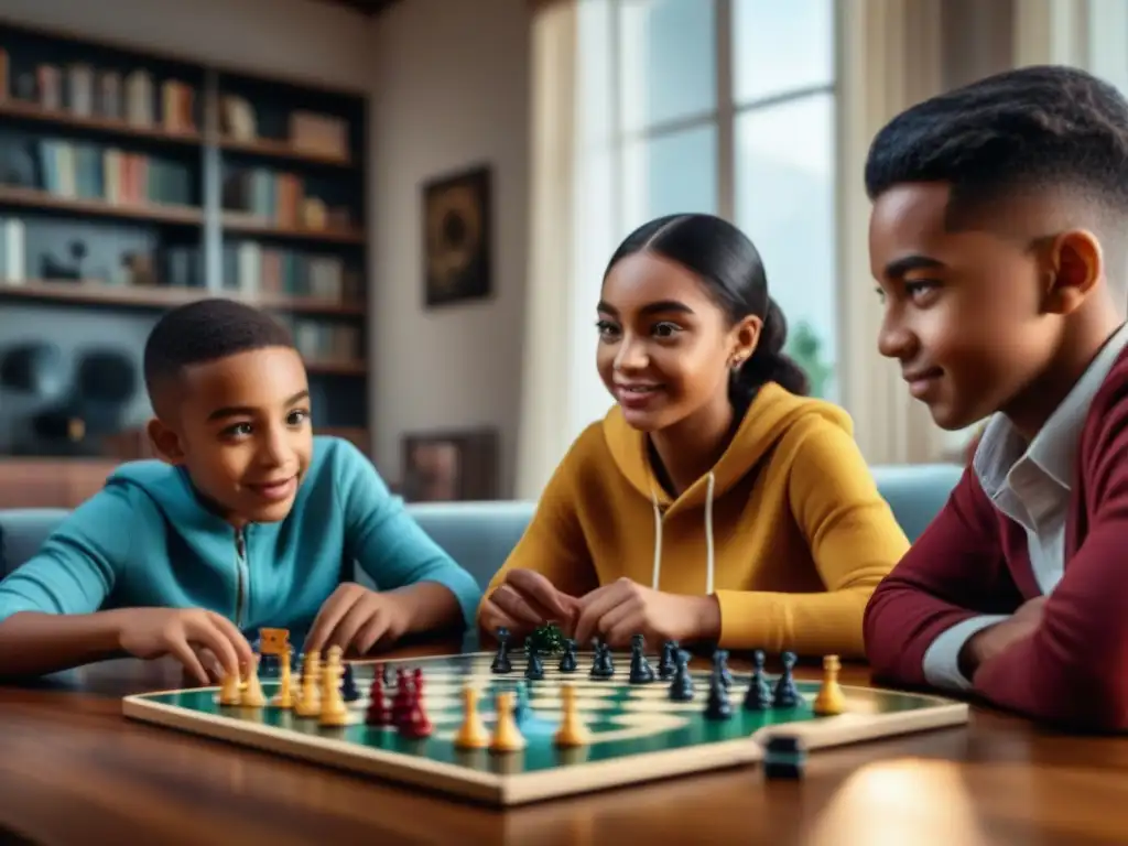 Un grupo diverso de niños enfrentando el fracaso y disfrutando juegos de mesa en una atmósfera educativa y divertida