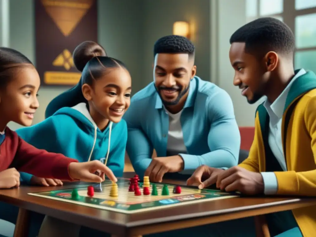 Grupo diverso de niños jugando un juego de mesa de enseñanza financiera en un ambiente educativo y divertido