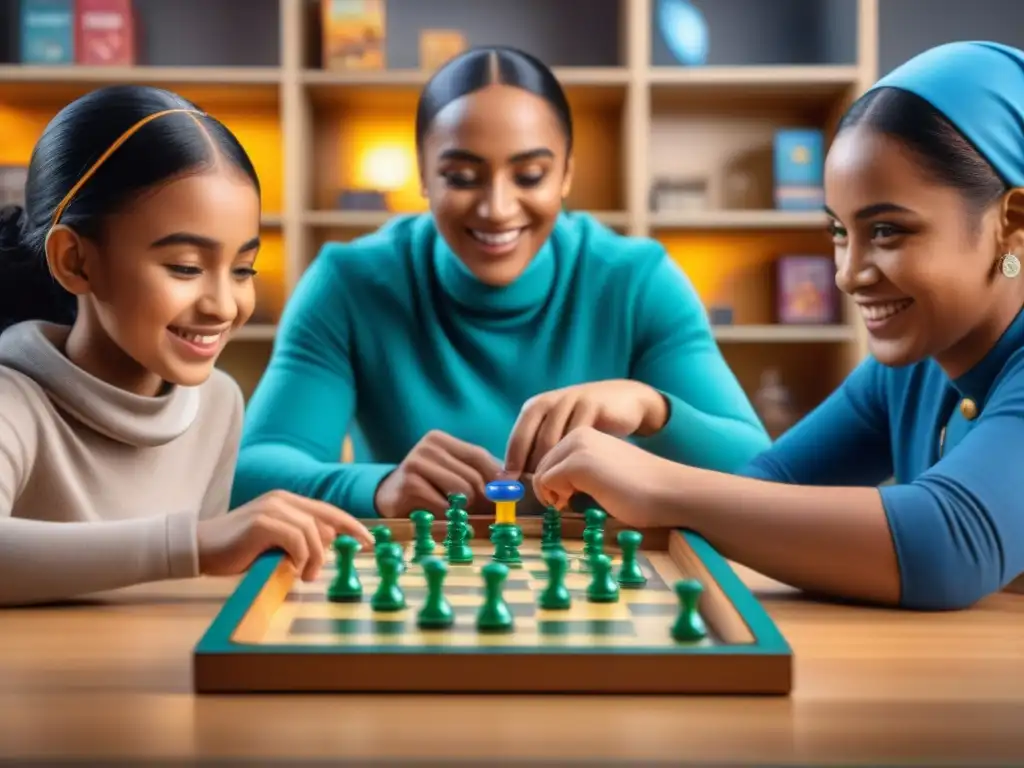 Un grupo diverso de niños disfruta de un juego de mesa, mostrando inclusión y diversidad