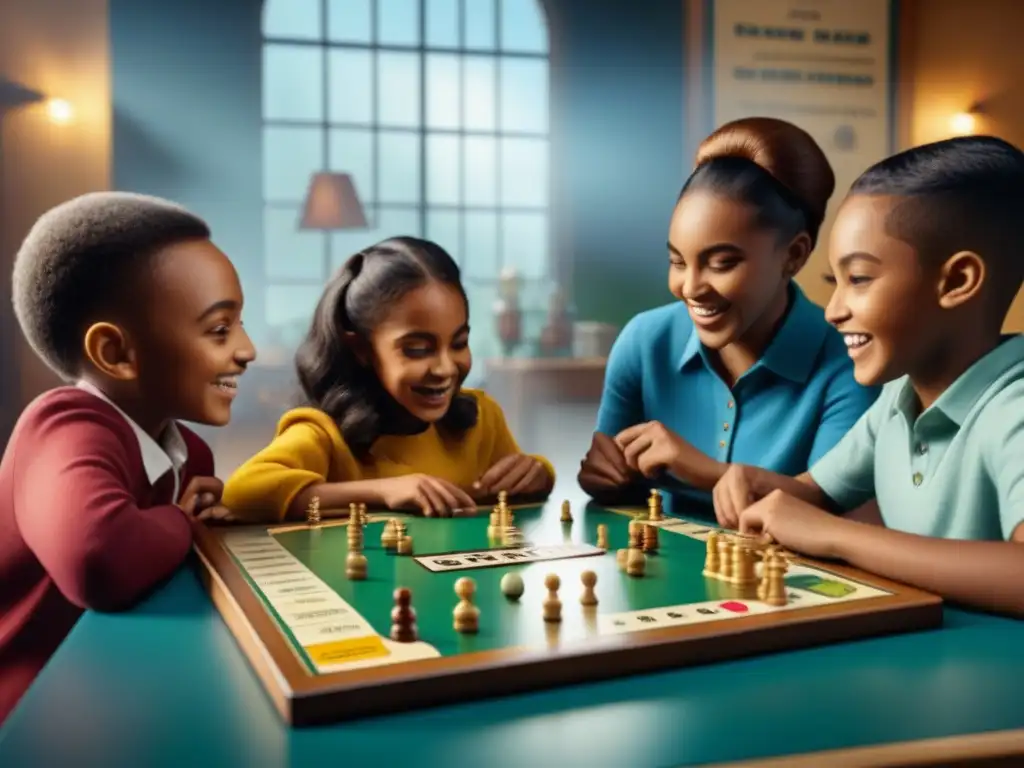 Un grupo diverso de niños juega felizmente un juego de mesa inclusivo en el aula