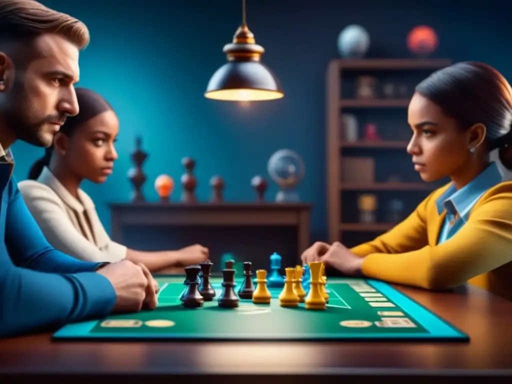 Un grupo diverso de niños juega un juego de mesa estratégico, concentrados