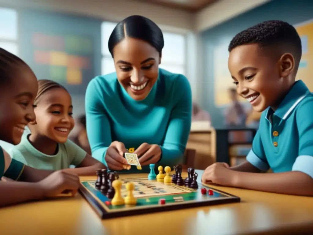 Un grupo diverso de niños juega un juego de mesa educativo en un aula, fomentando la inclusividad