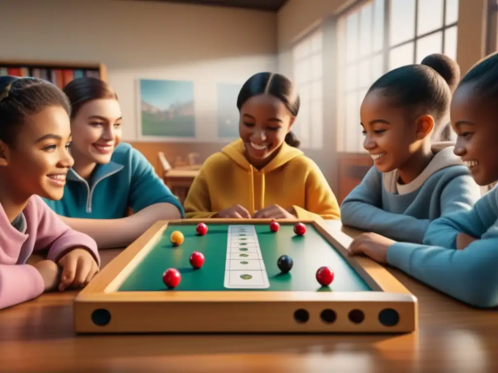 Un grupo diverso de niños juega felizmente un juego de mesa inclusivo en un aula acogedora