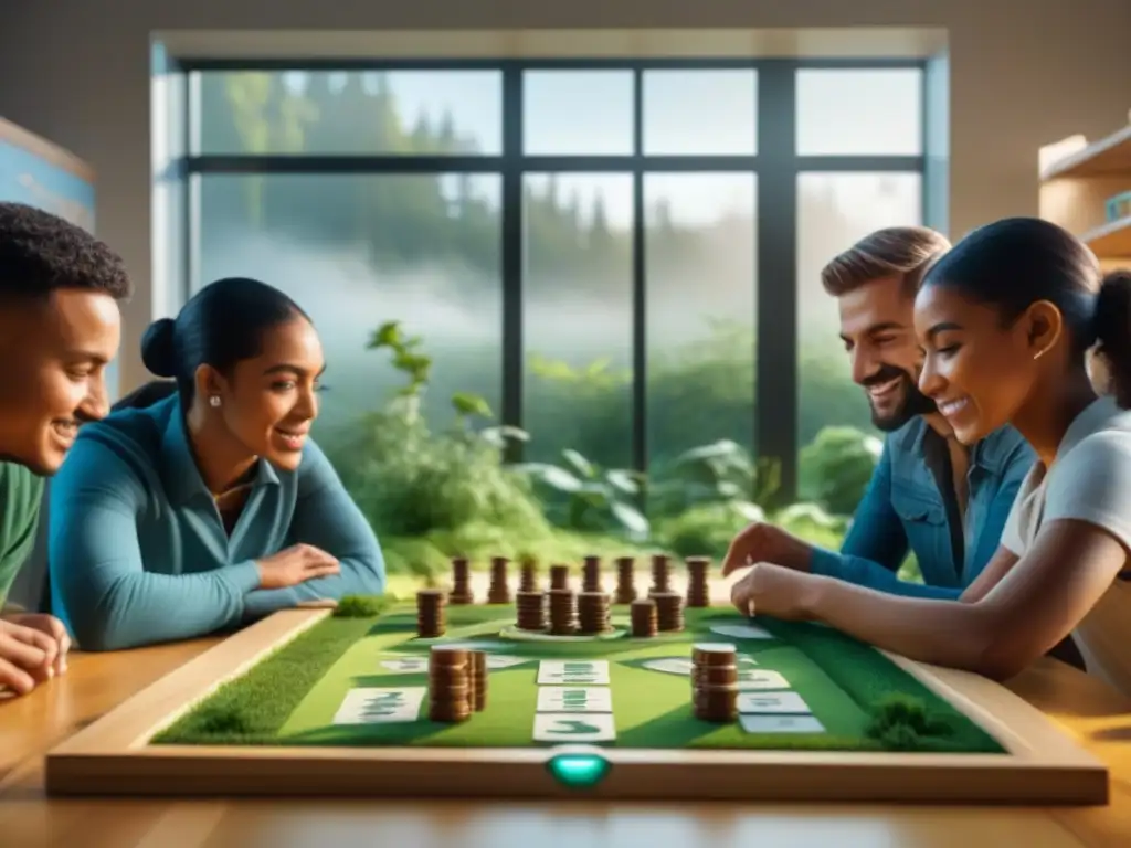 Un grupo diverso de niños juega un juego de mesa sostenible en un aula verde y luminosa