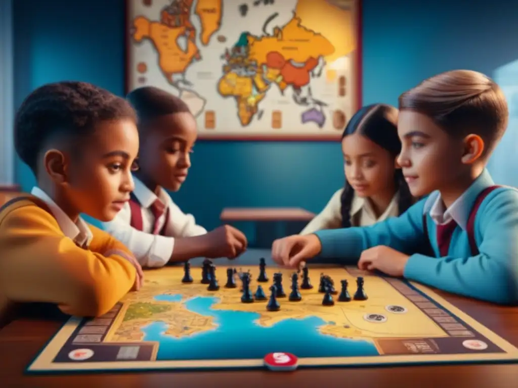 Un grupo diverso de niños juega un juego de mesa sobre historia y geografía en un aula educativa