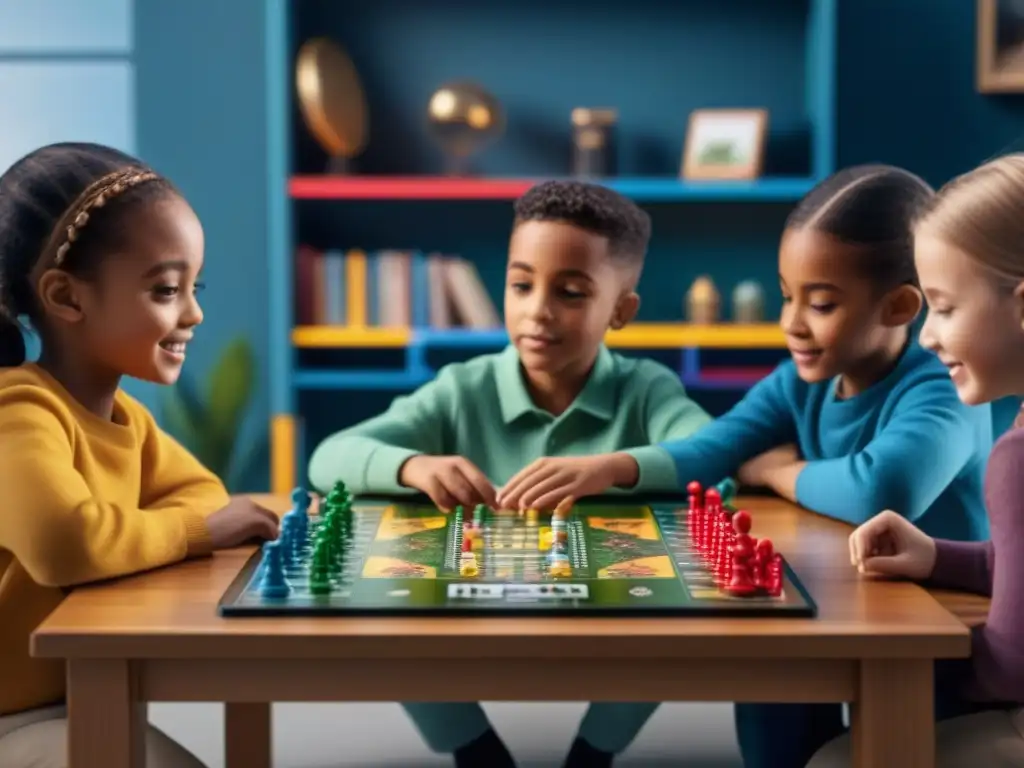 Un grupo diverso de niños disfruta de un juego de mesa para emociones, concentrados y felices