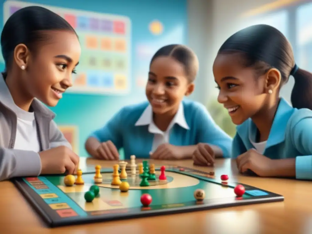 Un grupo diverso de niños juega un juego de mesa educativo en un aula iluminada, mostrando alegría y concentración