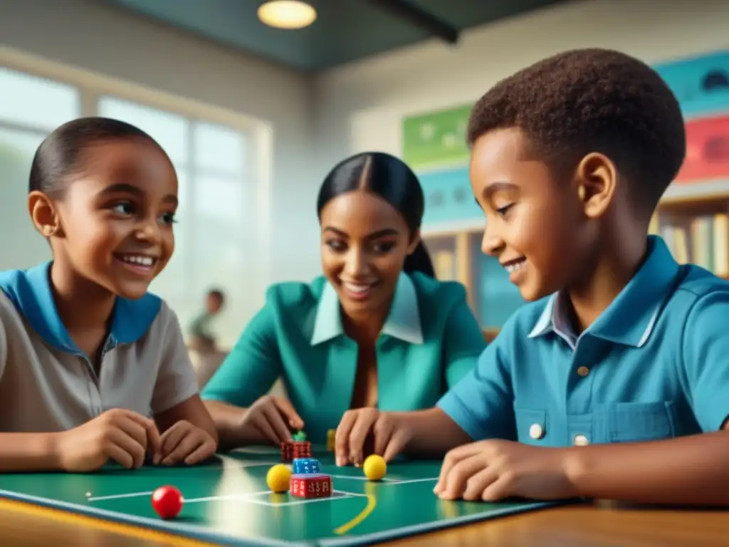 Grupo diverso de niños disfrutando de un juego educativo en aula vibrante