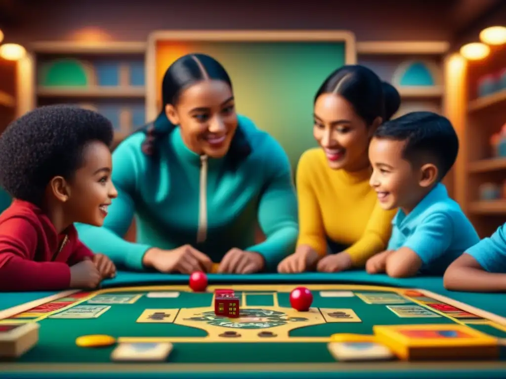 Grupo diverso de niños interactuando con un juego de mesa educativo, fomentando el trabajo en equipo y el aprendizaje