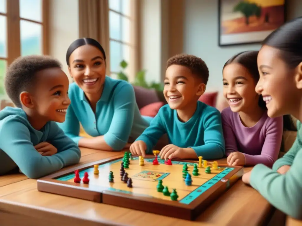 Un grupo diverso de niños disfruta un juego de mesa con sus padres