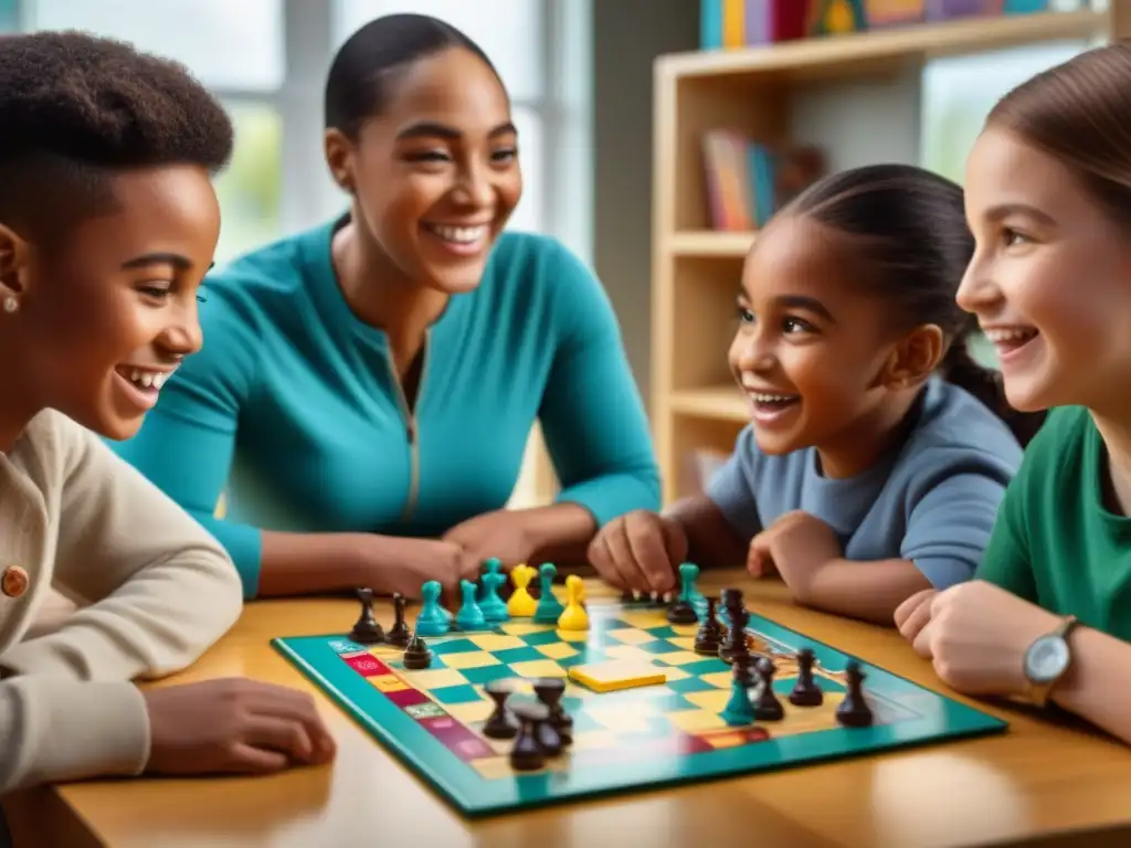 Un grupo diverso de niños disfruta de un juego de mesa adaptado en un ambiente educativo, mostrando alegría y concentración