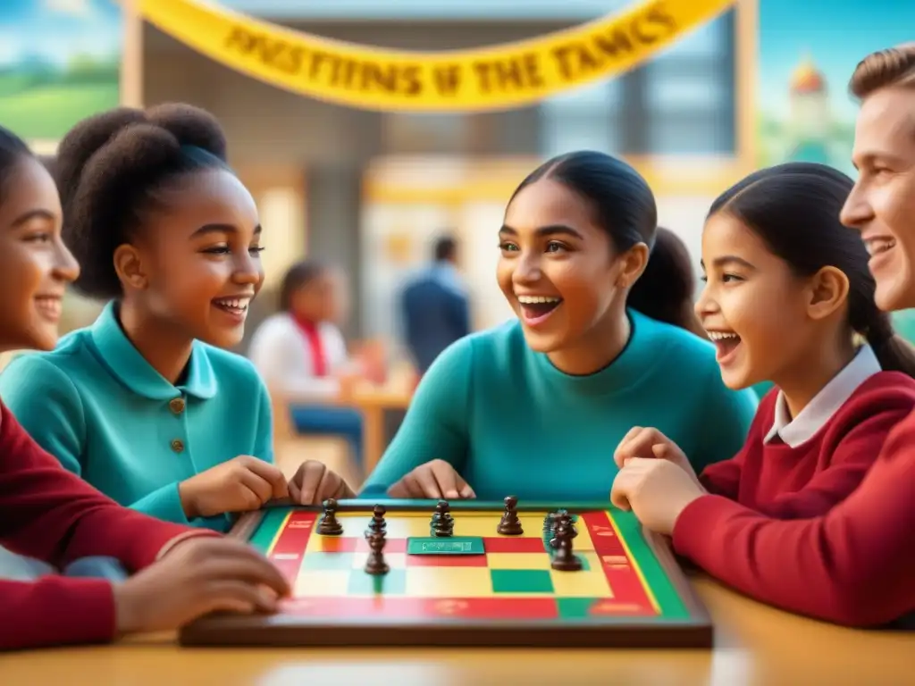 Grupo diverso de niños disfrutando de juegos de mesa educativos escolares en un evento escolar vibrante y colorido