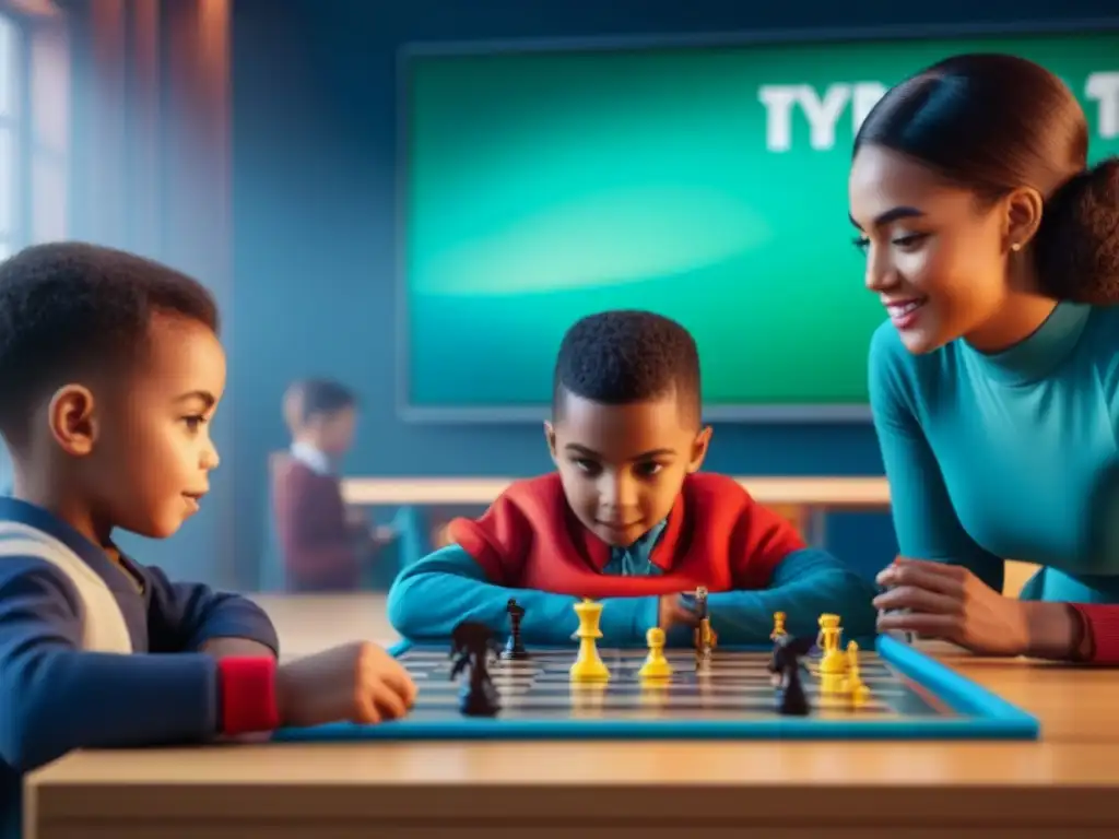 Grupo diverso de niños disfrutando de juegos educativos juntos en aula luminosa