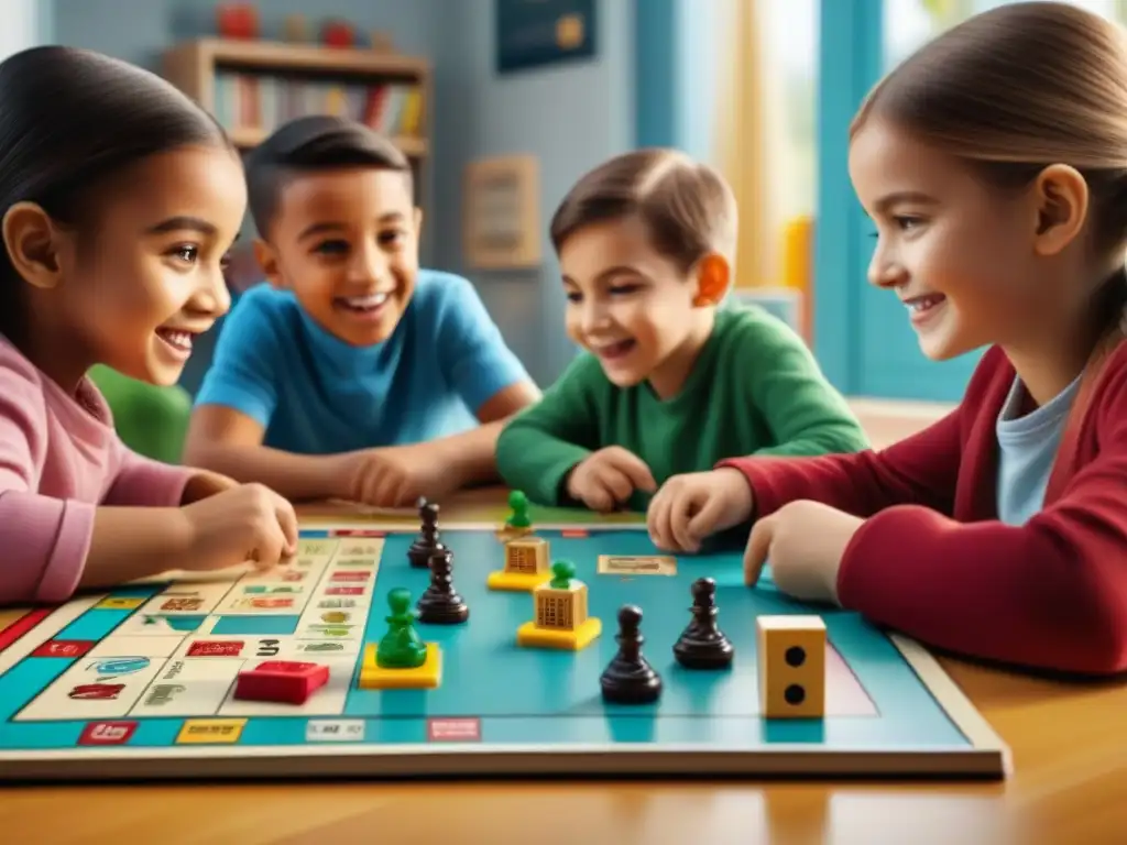 Grupo diverso de niños disfrutando de juegos de mesa educativos divertidos en un aula luminosa y acogedora