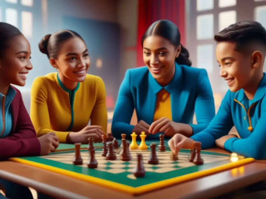 Grupo diverso de niños disfrutando de juegos de mesa educativos en aula colorida y bien iluminada