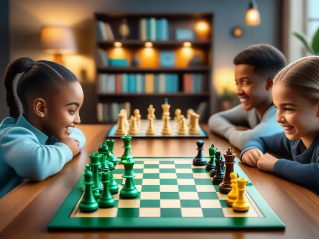 Grupo diverso de niños disfrutando con juegos de mesa populares en un ambiente educativo y divertido