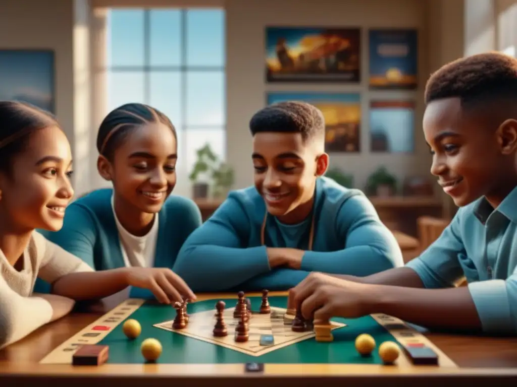 Grupo diverso de niños juegan juegos de mesa en aula acogedora, fomentando habilidades sociales