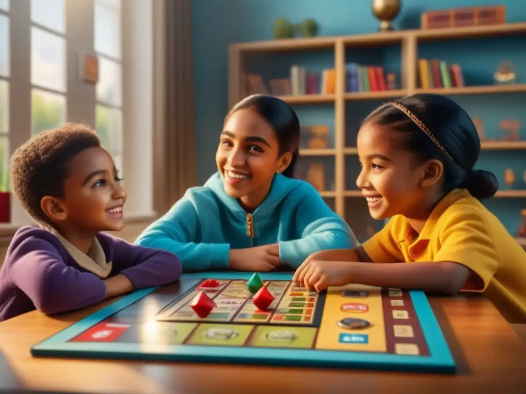 Grupo diverso de niños disfrutando de juegos de mesa educativos en un mercado educativo vibrante y acogedor