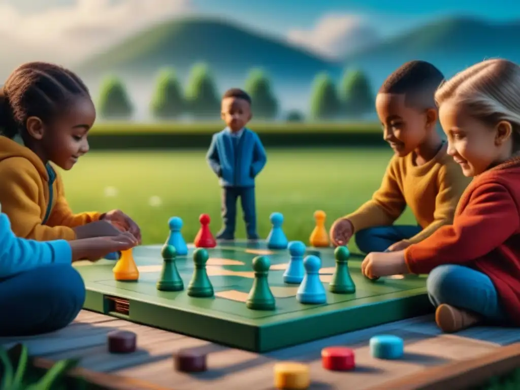 Grupo diverso de niños disfrutando de juegos de mesa portátiles en un parque, expresando alegría y concentración