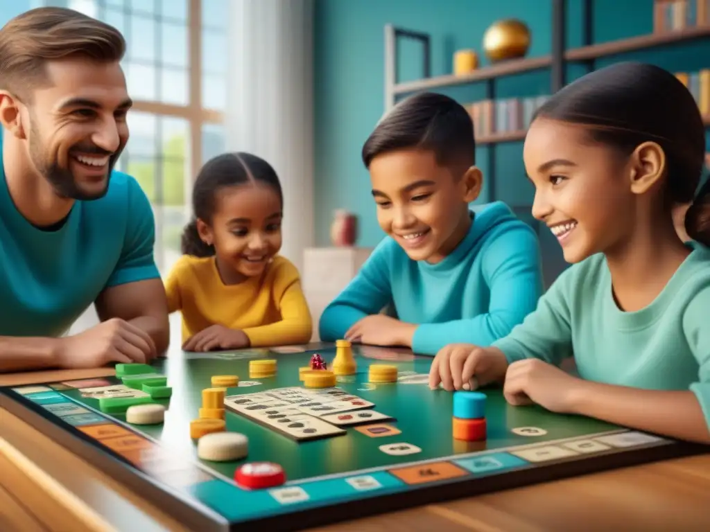 Un grupo diverso de niños disfruta de juegos de mesa educativos innovadores, concentrados y emocionados