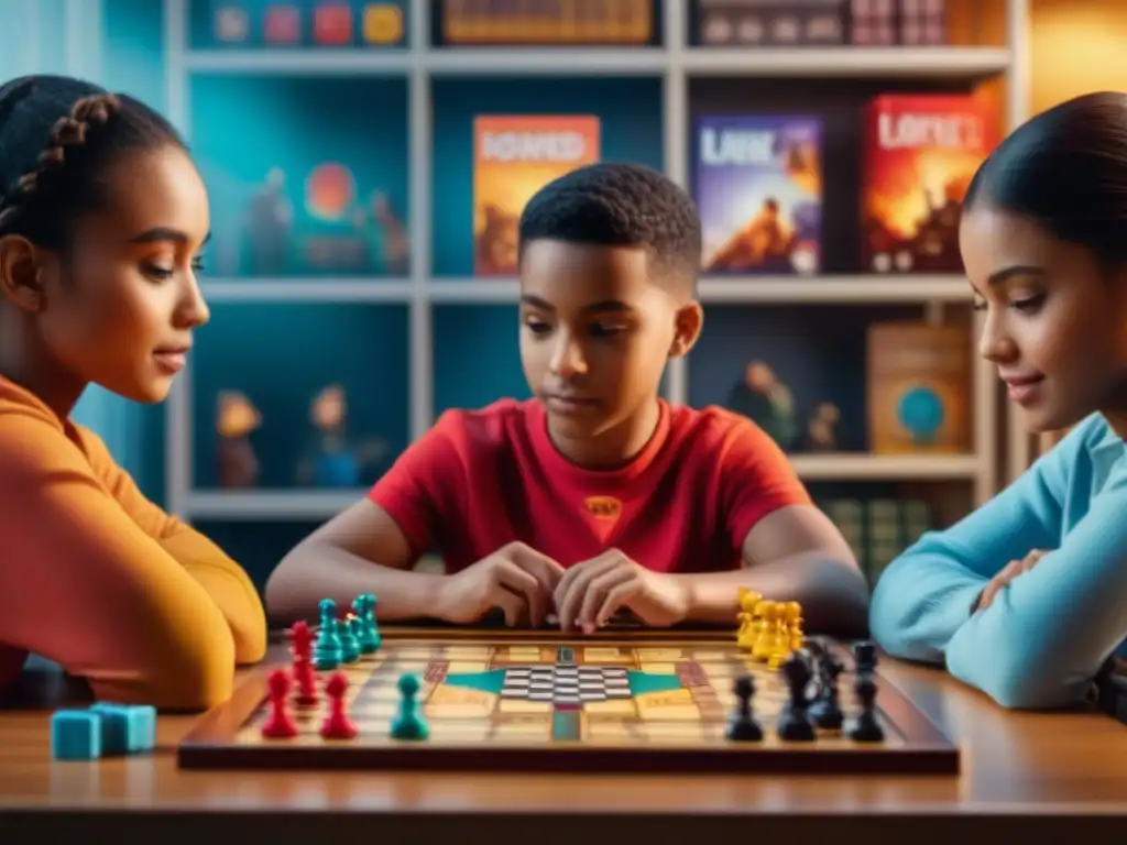 Un grupo diverso de niños disfruta y aprende jugando en una mesa llena de juegos educativos