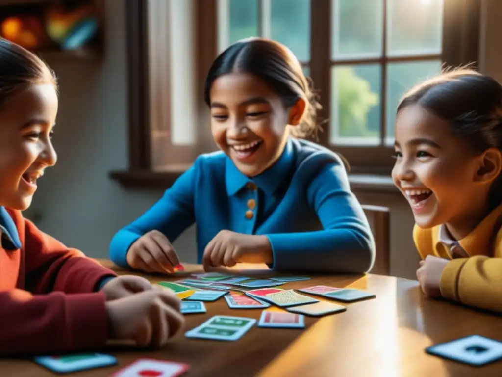 Un grupo diverso de niños juega Uno en una mesa colorida y vibrante, reflejando la popularidad y diversión educativa del juego