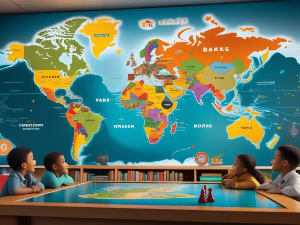 Grupo diverso de niños señalando países y monumentos en un mapa interactivo, en una aula moderna llena de recursos educativos