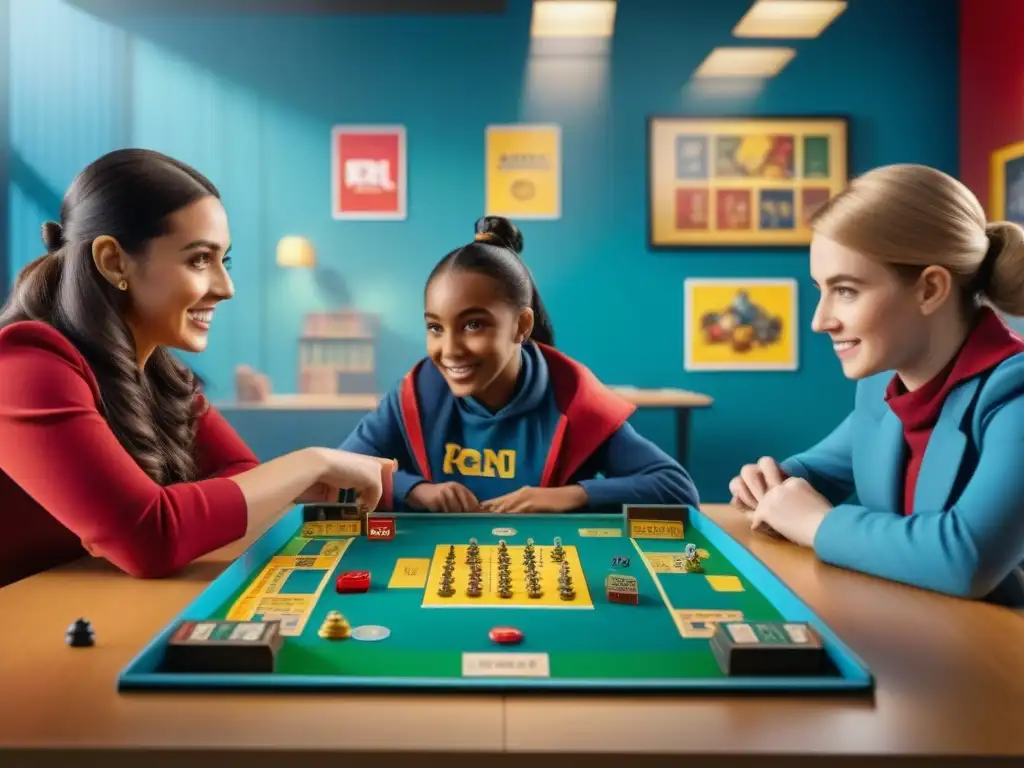 Grupo diverso de niños de primaria concentrados y emocionados jugando juegos de mesa en un aula colorida