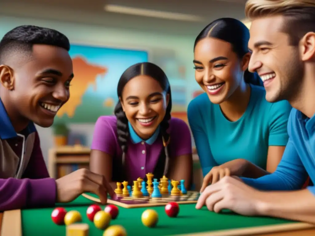 Un grupo diverso de niños sonrientes juega juegos educativos en un aula colorida, fomentando el aprendizaje activo con juegos de mesa