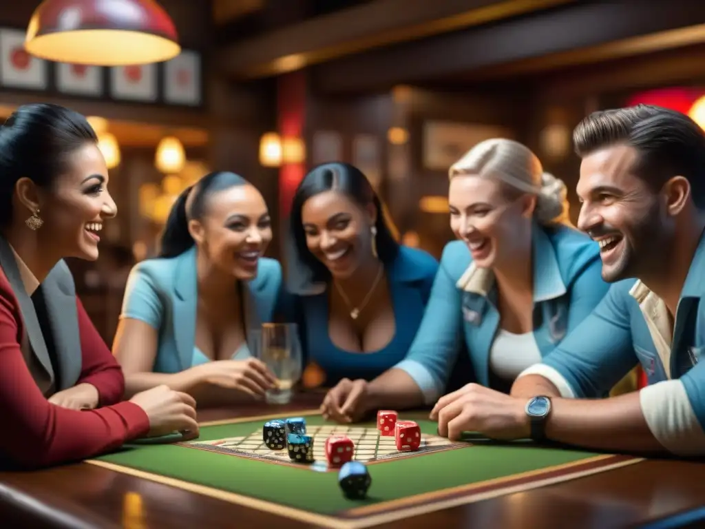 Grupo diverso disfruta de noche de juegos en bar, risas y camaradería en ambiente acogedor