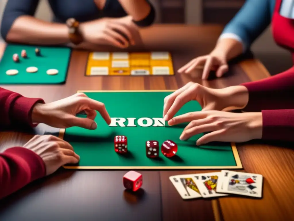 Grupo diverso disfrutando una partida de juegos de mesa, reflejando concentración y risas