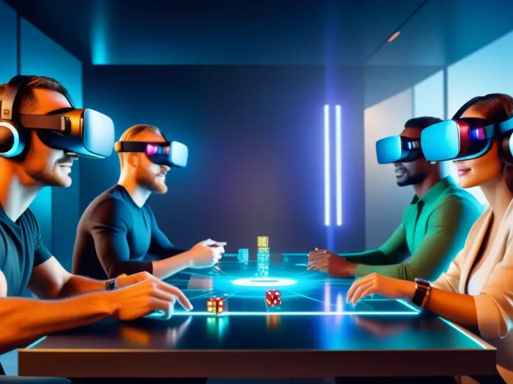 Un grupo diverso de personas usa auriculares de Realidad Virtual en una mesa futurista con piezas holográficas