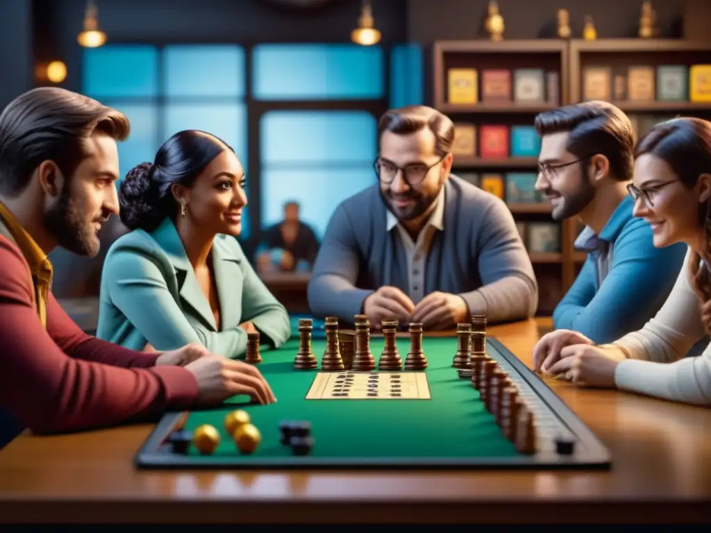 Un grupo diverso de personas concentradas y emocionadas jugando juegos de mesa en un club local, fomentando habilidades y comunidad