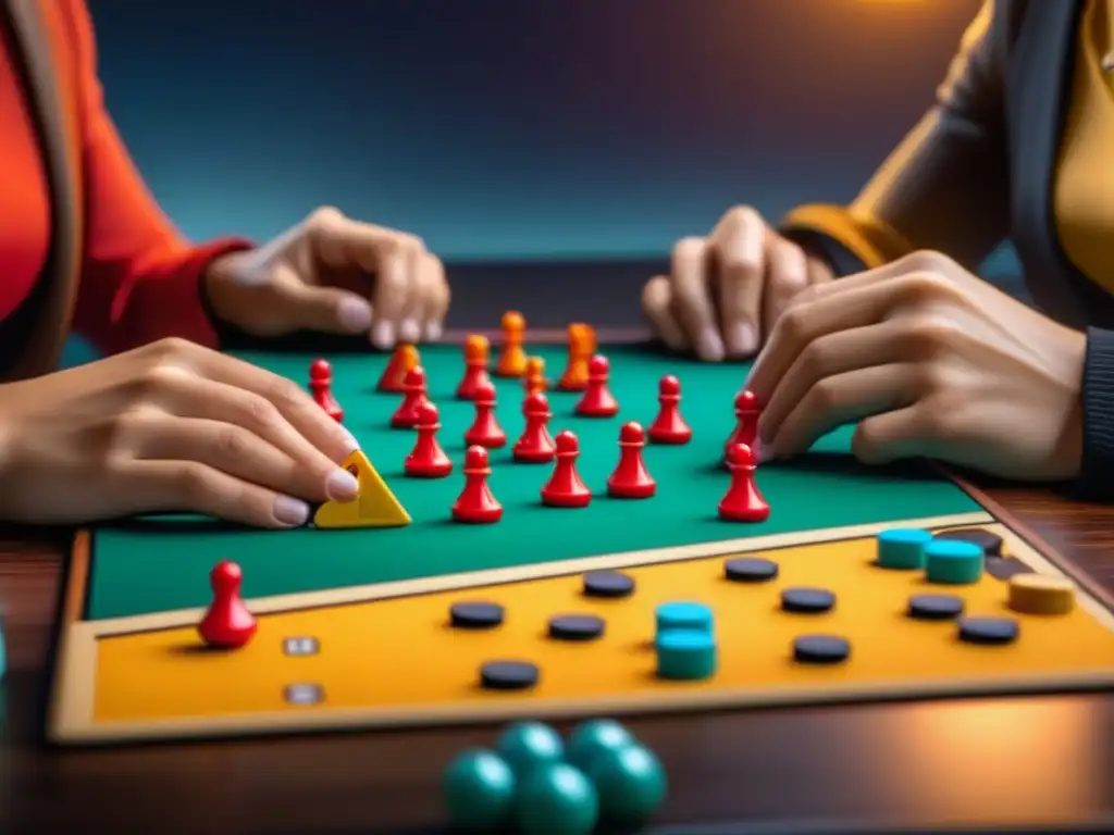 Emoción y estrategia en juego de mesa con personas diversas Un grupo diverso de personas concentradas juega un juego de mesa, equilibrando complejidad y diversión