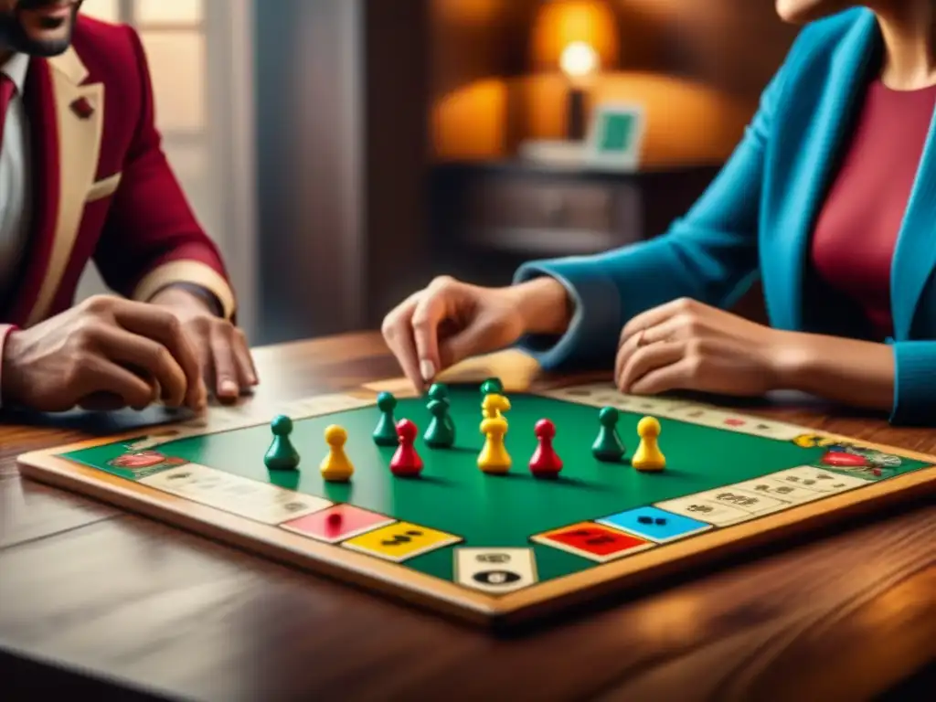 Grupo diverso de personas concentradas y sonrientes jugando un juego de mesa vintage en una mesa de madera acogedora