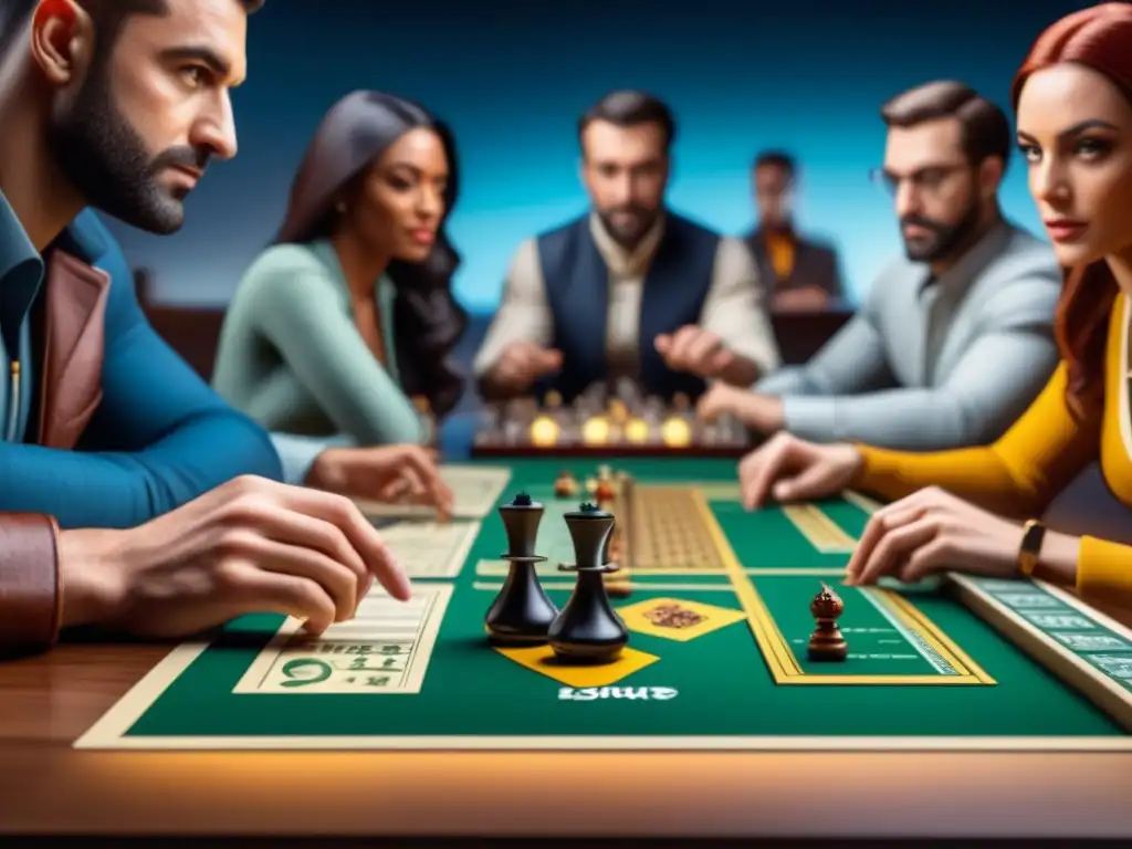 Un grupo diverso de personas concentradas en un juego de mesa, reflejando el impacto económico de los juegos de mesa