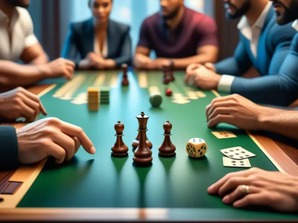 Un grupo diverso de personas concentradas jugando un juego de mesa, resaltando beneficios cognitivos