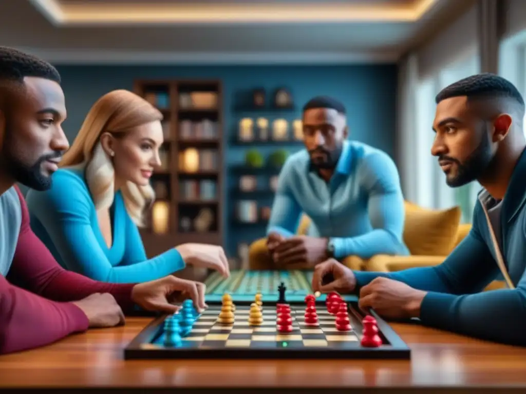 Un grupo diverso de personas concentradas y felices jugando a juegos de mesa con IA en una acogedora sala llena de juegos