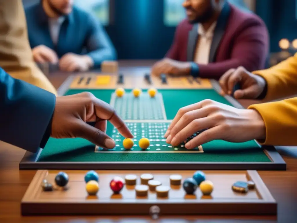 Un grupo diverso de personas con discapacidad visual juega un juego de mesa táctil con braille y piezas texturizadas