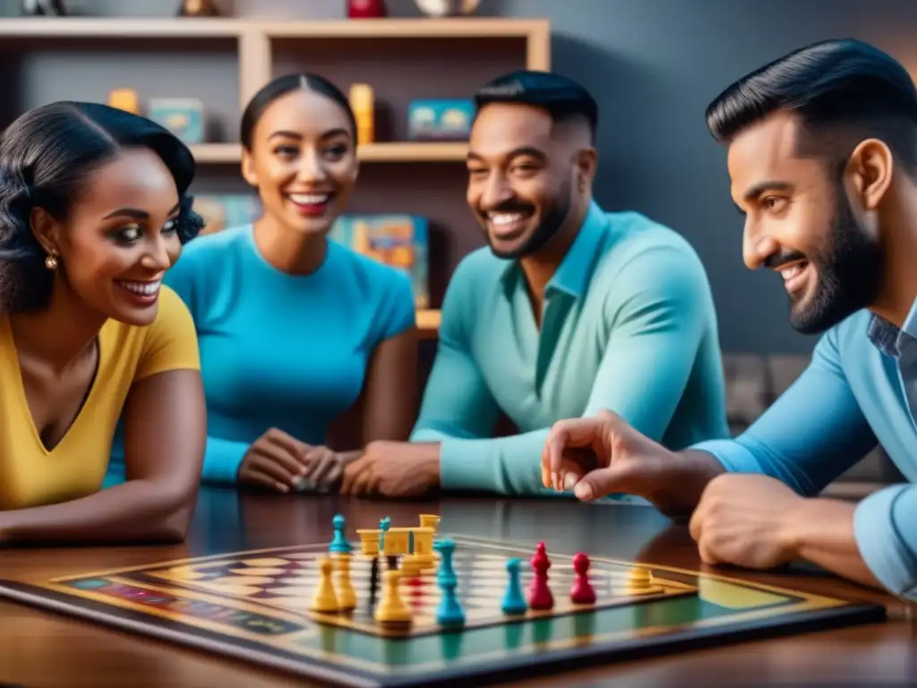 Un grupo diverso de personas de distintas edades y etnias juegan un juego de mesa juntos, mostrando concentración, alegría y camaradería