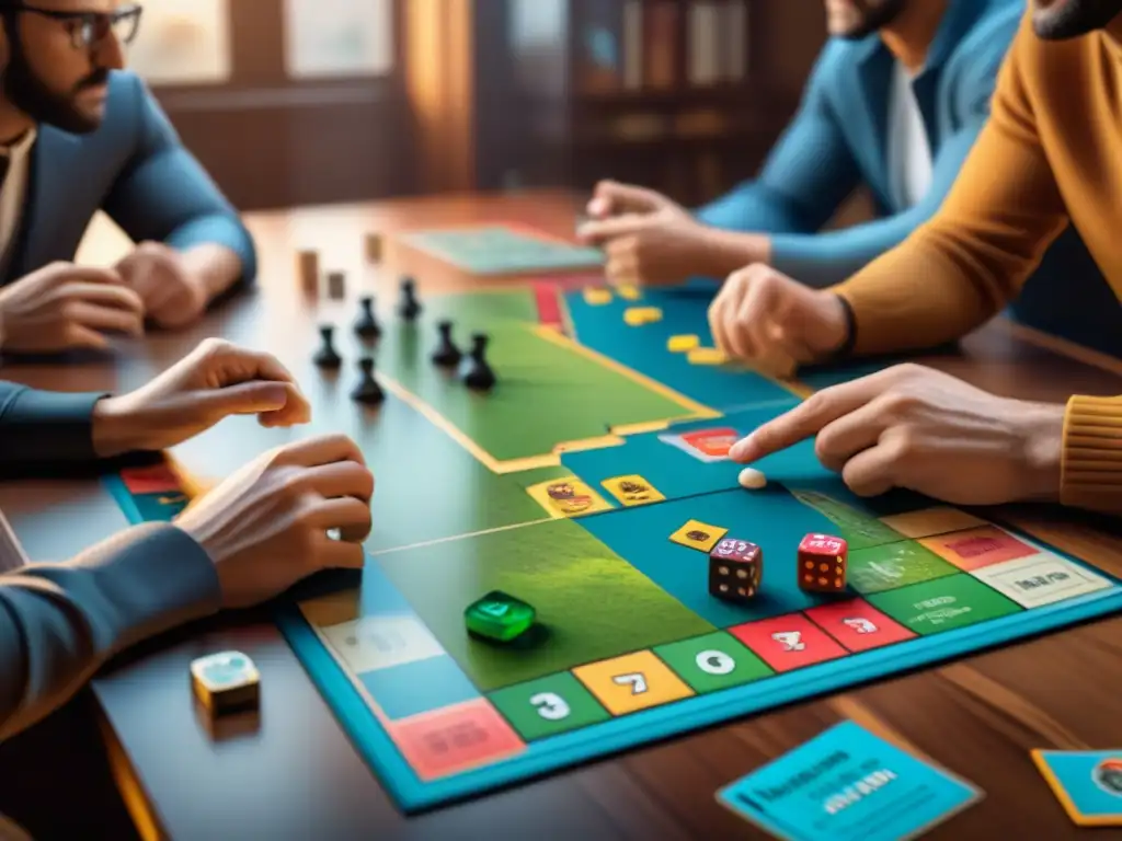 Emoción estratégica: Grupo diverso inmerso en juego de mesa Un grupo diverso de personas concentra su emoción y estrategia en un juego de mesa, mostrando la camaradería y desafío