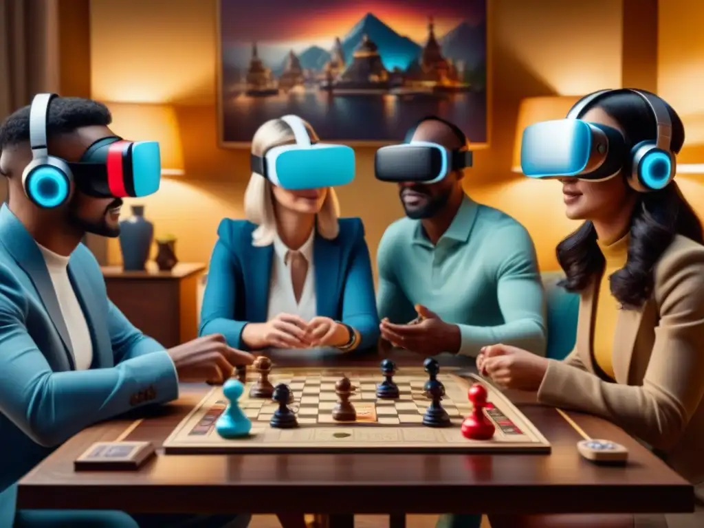 Un grupo diverso de personas juega emocionado juegos de mesa realidad virtual en una sala acogedora