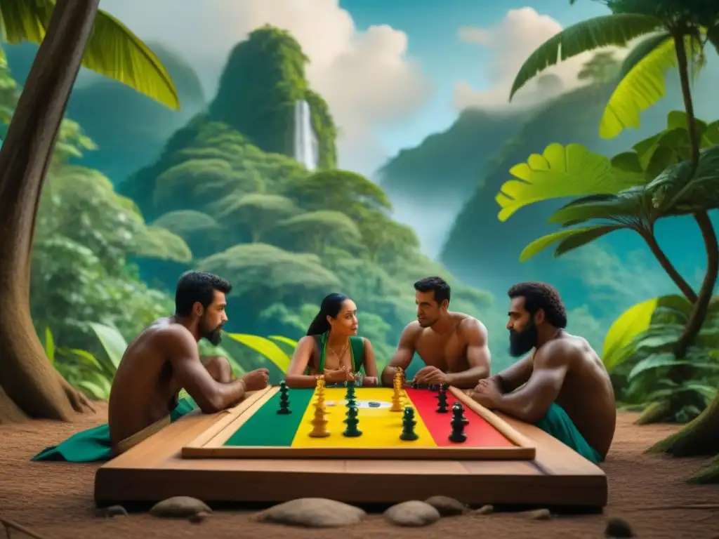 Un grupo diverso de personas juega emocionado juegos de mesa brasileños bajo un árbol en la selva amazónica, rodeados de coloridas guacamayas